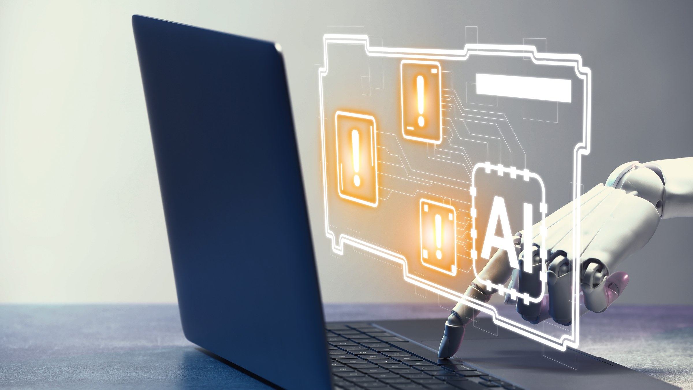 Laptop projecting an AI interface, AI agents in operations