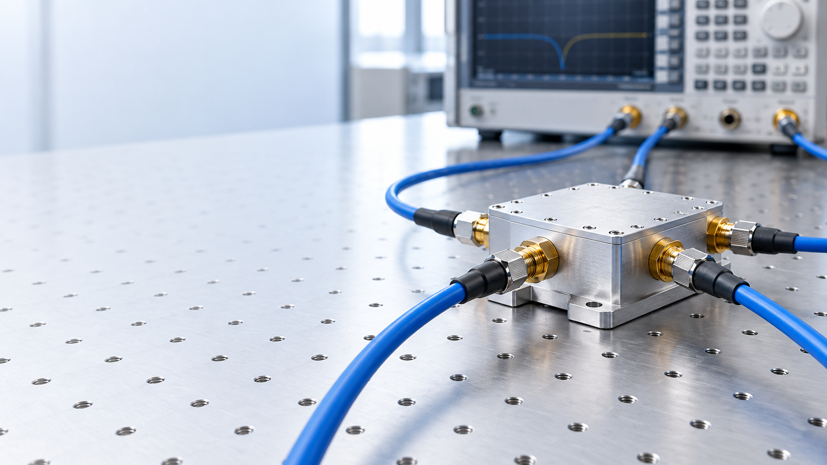 RF test bench with a multiport module, coaxial connections and analyzer