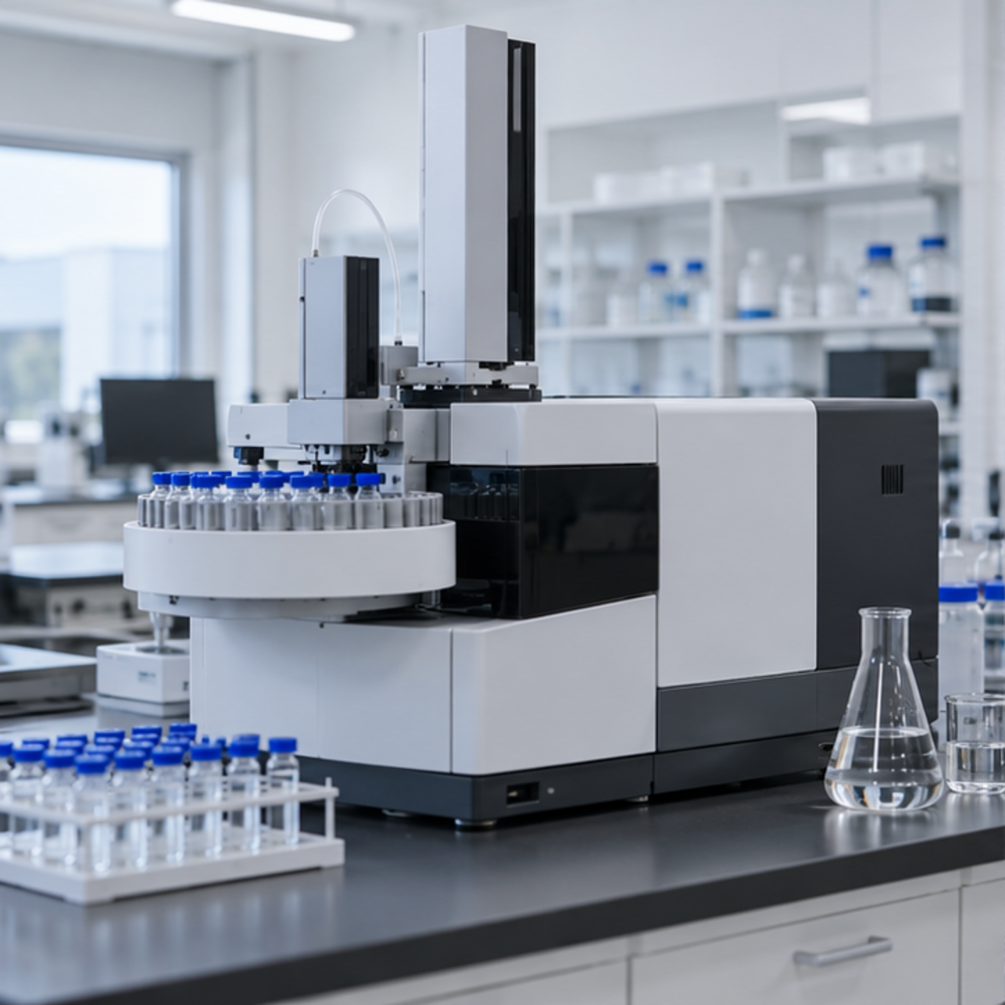 Representative automated analytical instrument with a sample vial carousel in a laboratory.