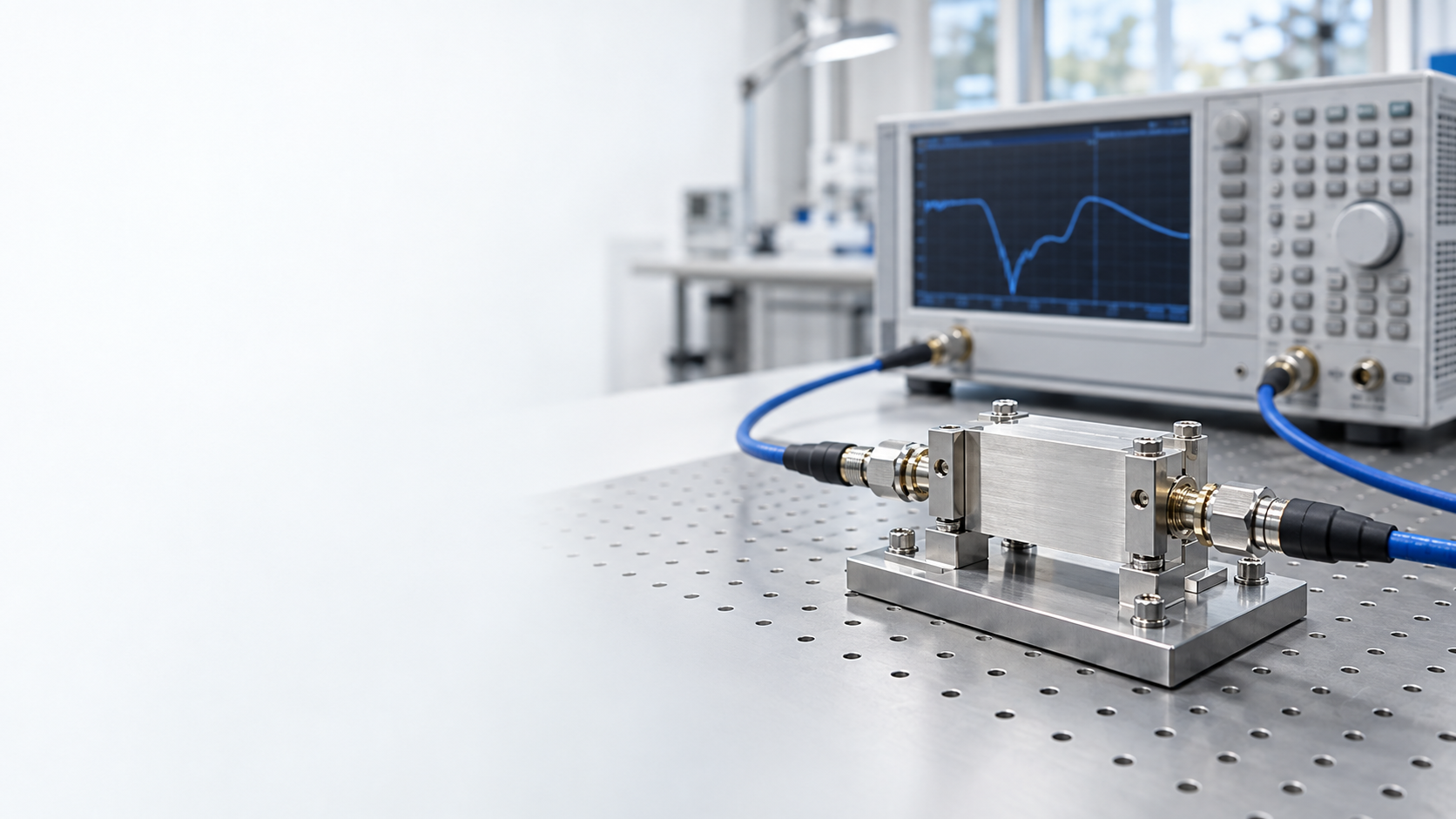 Electronic measurement bench with a coax-connected test fixture and analyzer