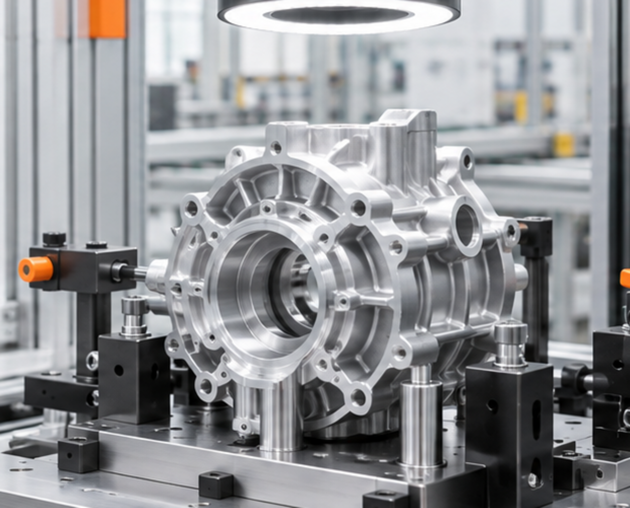 Precision-machined component positioned for industrial vision inspection