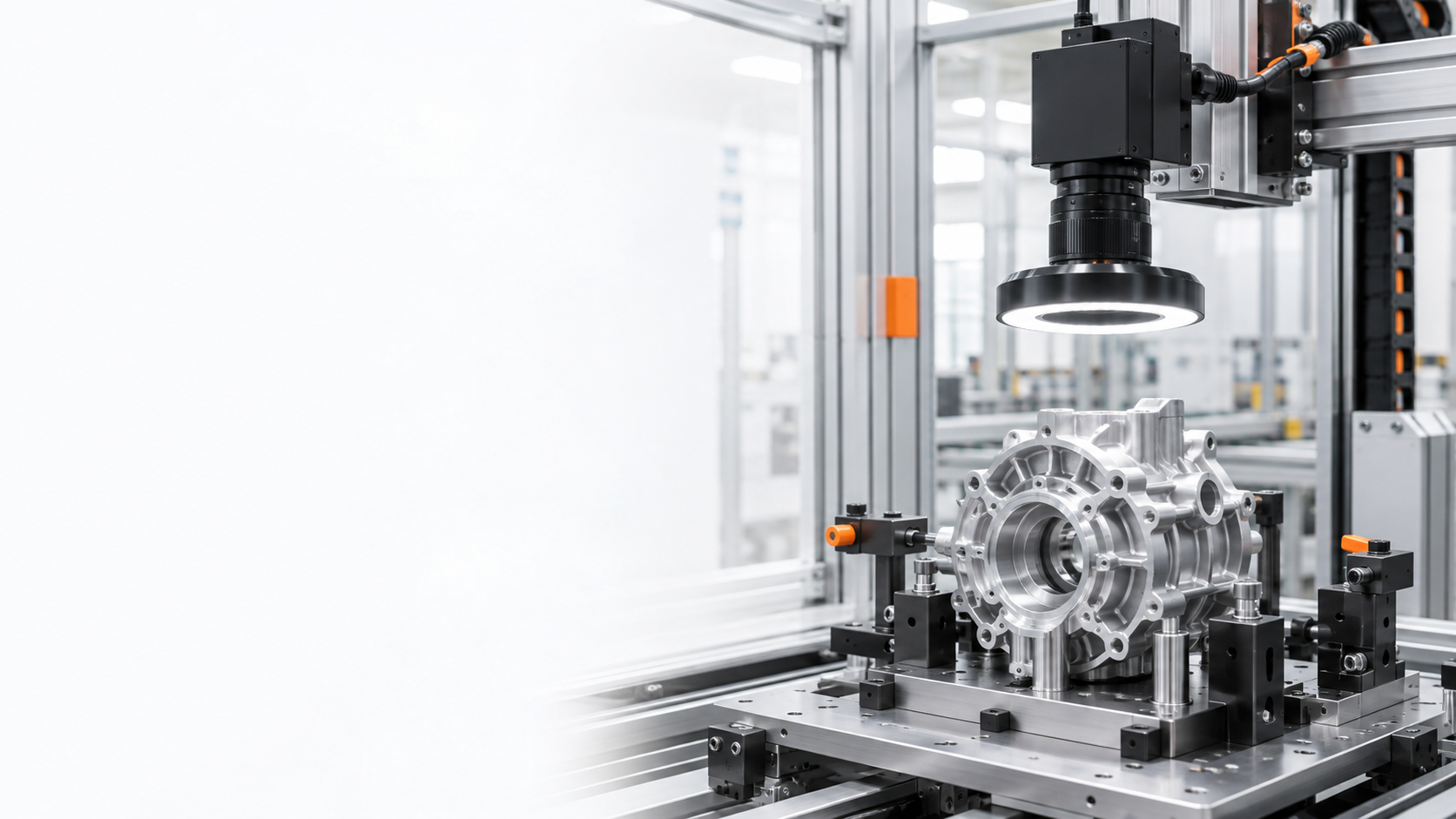 Industrial vision camera inspecting a precision-machined component